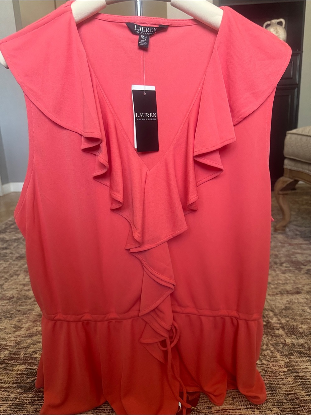 Lauren Ralph Lauren Coral Ruffle V-Neck Tie-Waist Sleeveless Dress